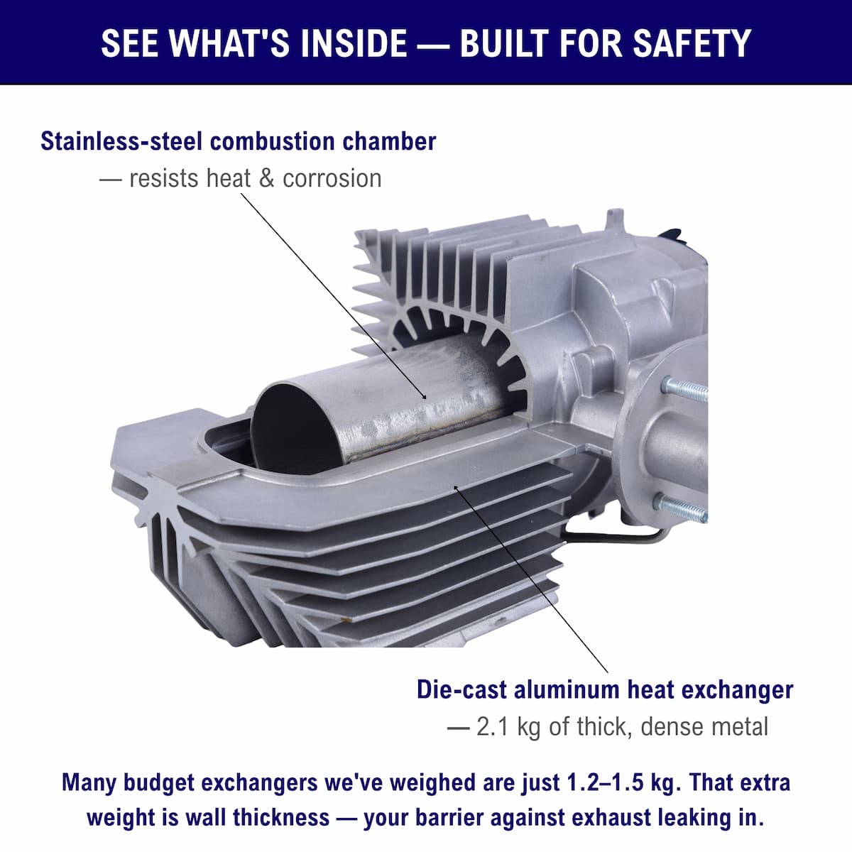 Vvkb diesel heater heat exchanger next to a thinner budget casting, showing the difference in wall thickness and mass
