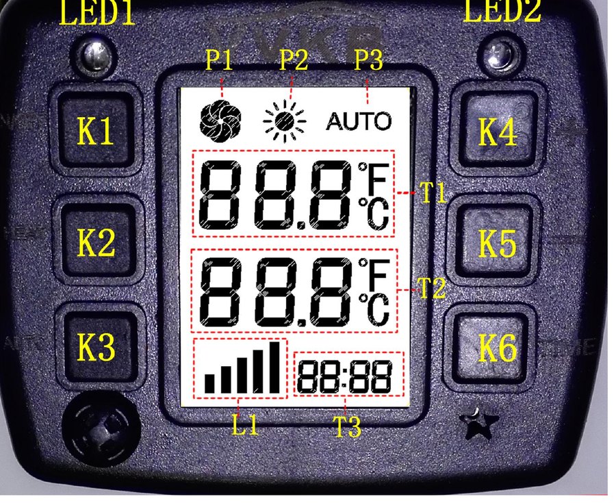 Diesel parking heater LCD control panel showing set temperature and error code display