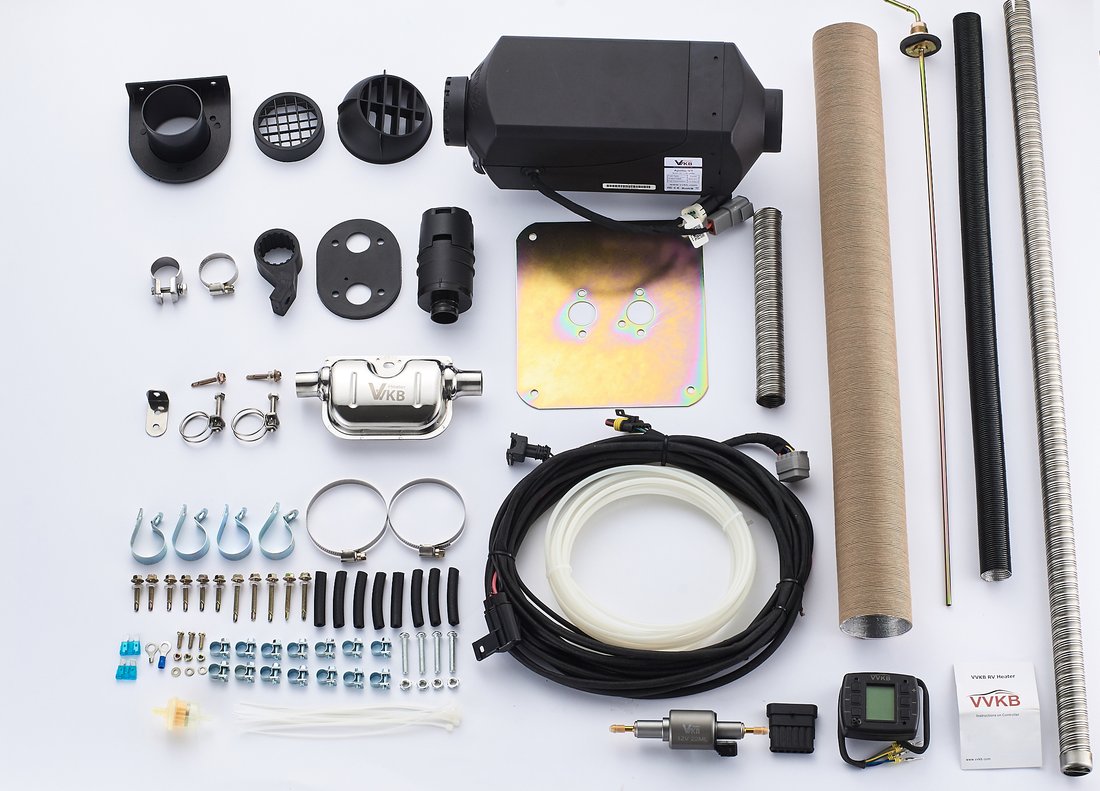 Complete Vvkb diesel parking heater kit with fuel pump, exhaust pipe, muffler, controller and mounting hardware