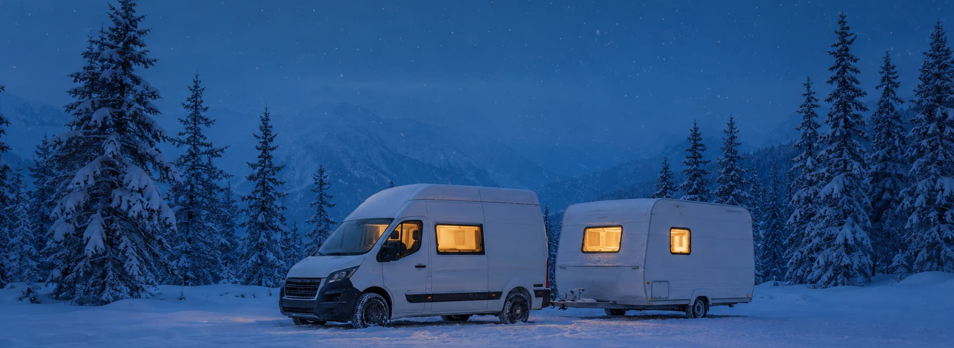 Camper van and caravan parked in snow at night with a diesel parking heater keeping the interior warm