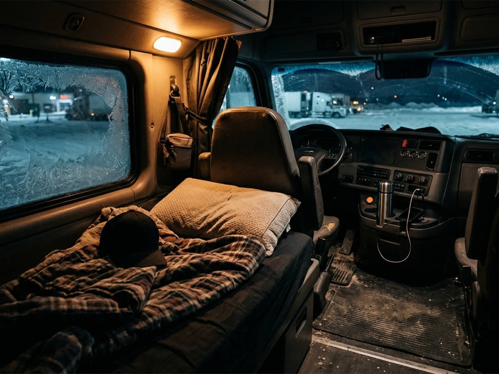 Warm semi-truck sleeper cab at night in winter with the engine switched off and a parking heater running