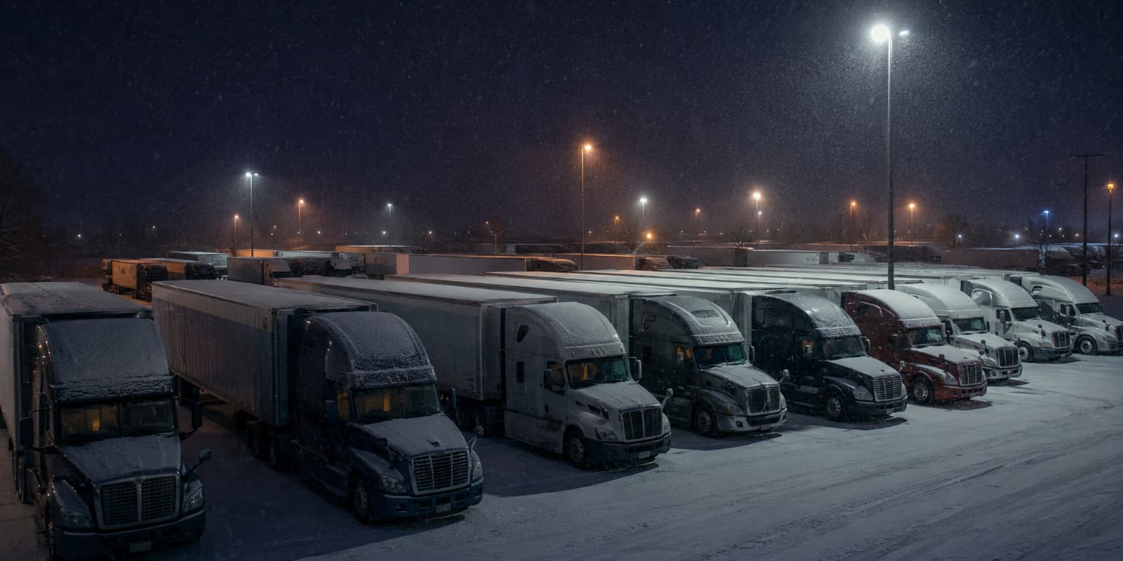 Trucks parked overnight at a winter truck stop with engines switched off instead of idling for heat